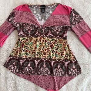 Baranda Womens XL Pink Paisley Floral Y2K Boho Asymetrical Hem Top